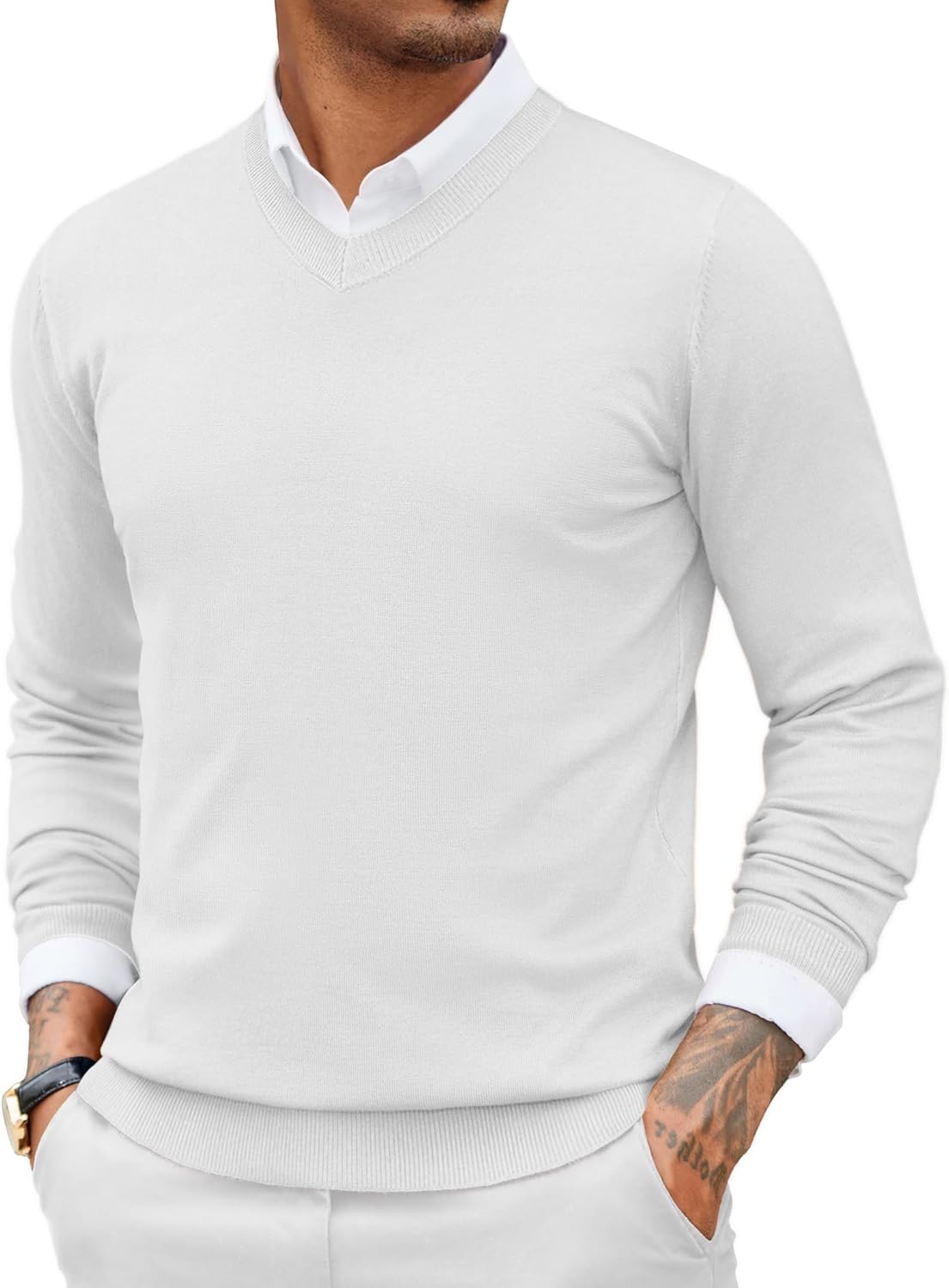 COOFANDY Men Casual V Neck Sweater Ribbed Knit Slim Fit Long Sleeve Pullover Top
