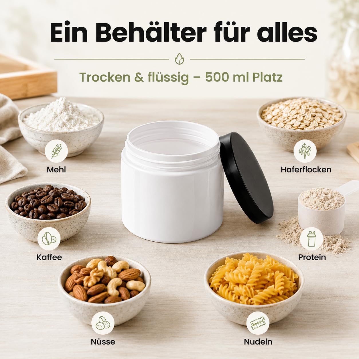 POSH Barattolo ermetico per alimenti, 100 x 500 ml, in PET per uso alimentare, con coperchio a vite, barattoli in plastica bianca con coperchio, per spezie, caffè, tè, erbe, contenitore rotondo