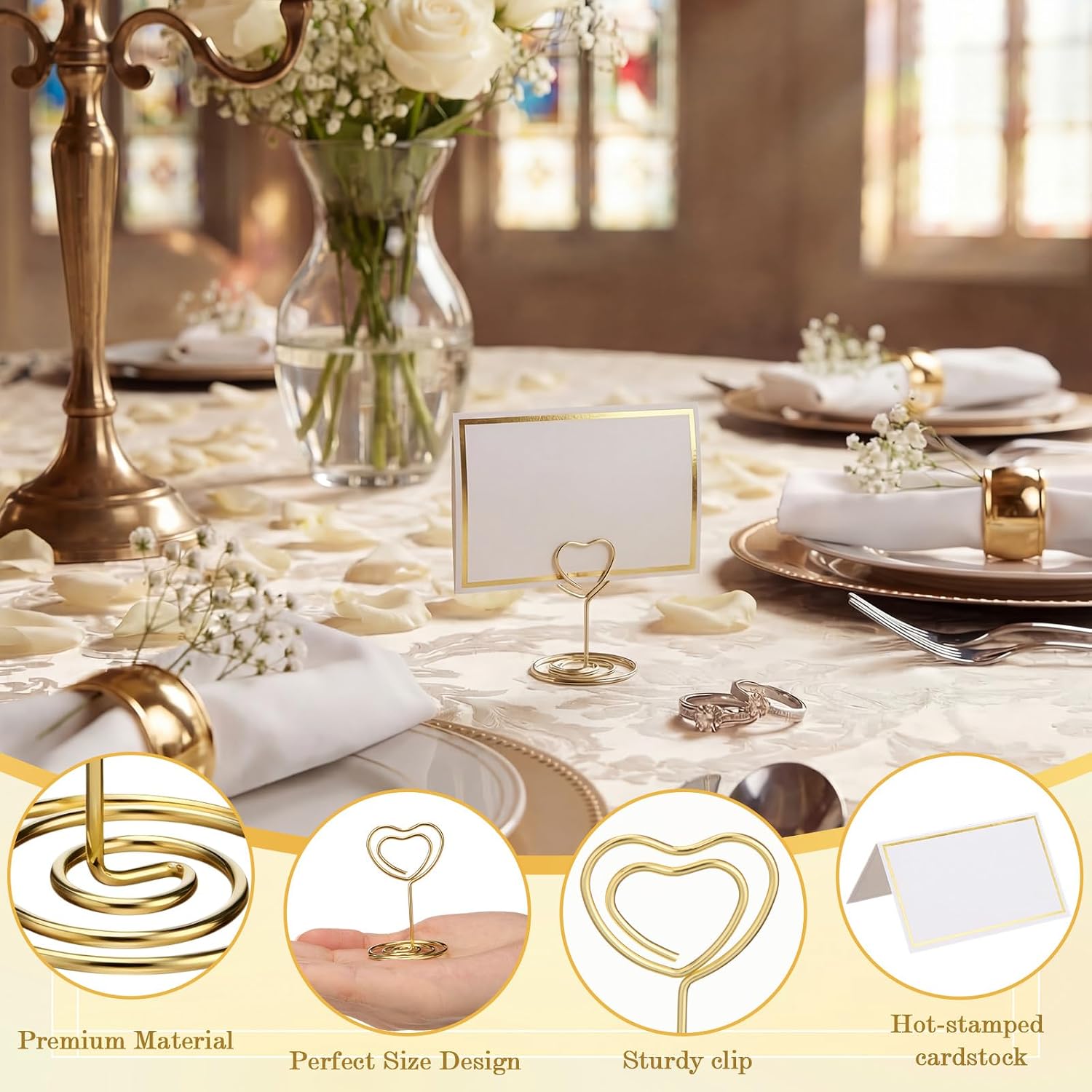 Lounsweer 12 Pack Gold Mini Place Card Holder Clips for Tables,Heart