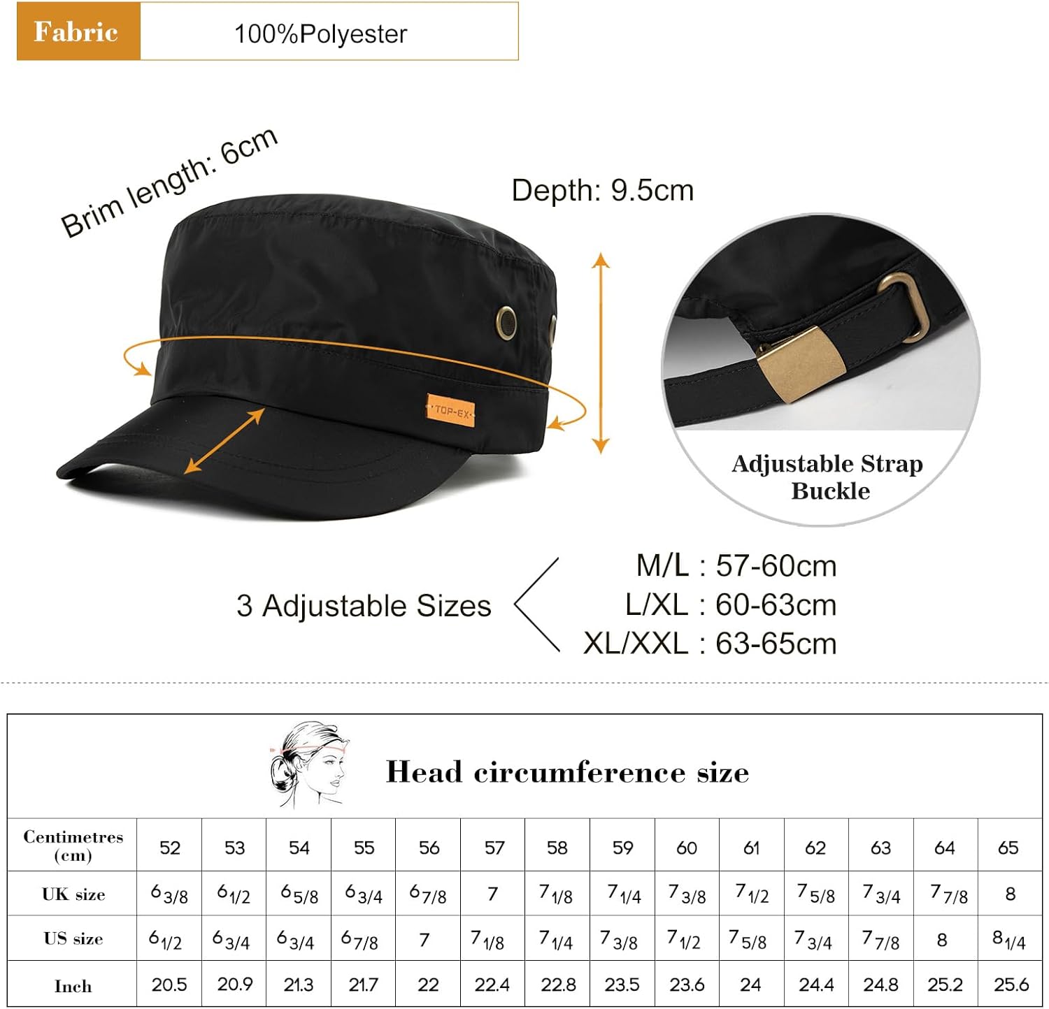 TOP-EX Men's Waterproof Army Hat - Black, Medium-Large Size for Summer, UPF Protection, Cadet Cap for Big, Extra Large Heads - Image 2