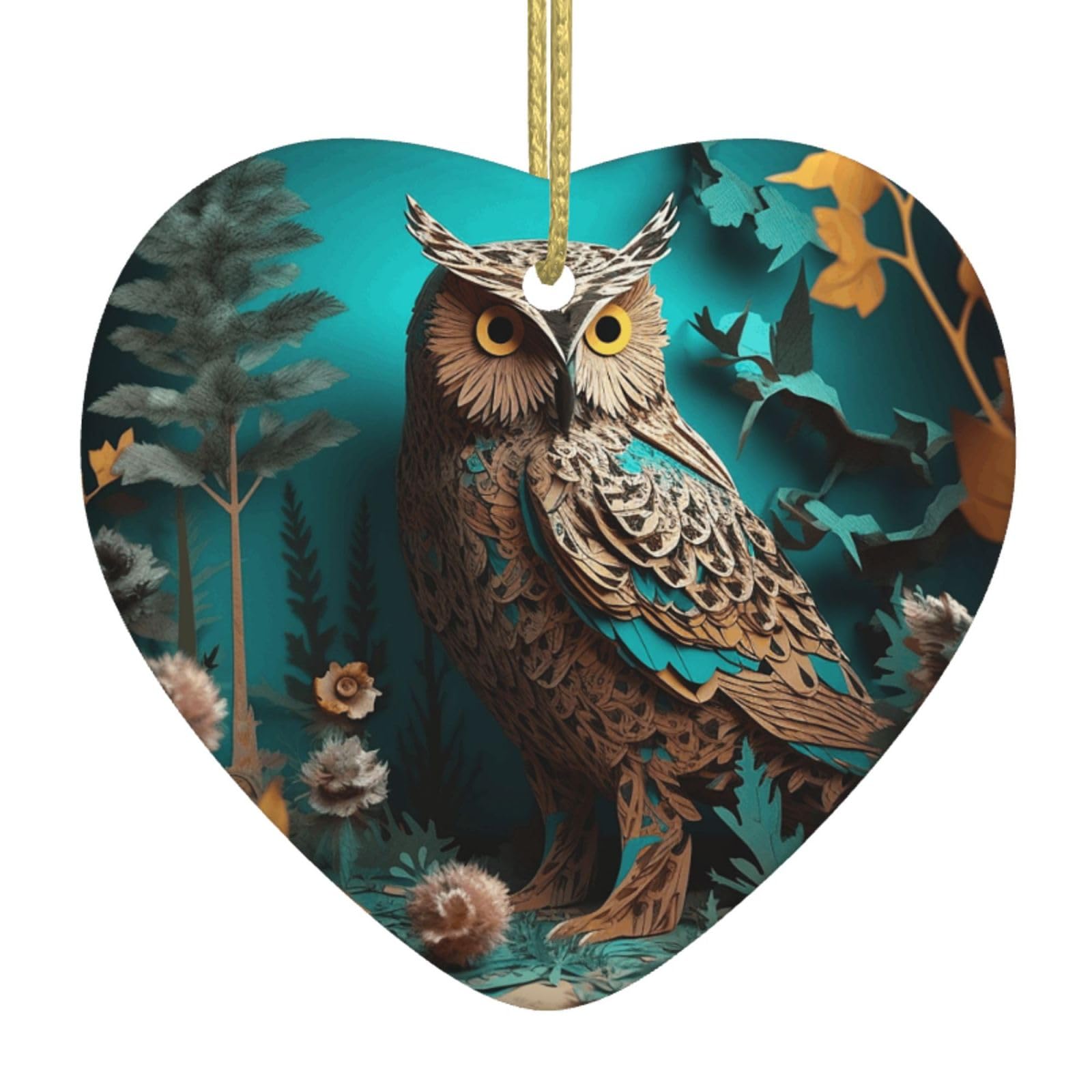 Ceramic Christmas Tree Hanging Ornaments with Gold Ropes Christmas Tree Decorations Heart Ceramic Owl Pendant Keepsake Decorations for Holiday Xmas Gift Ideas
