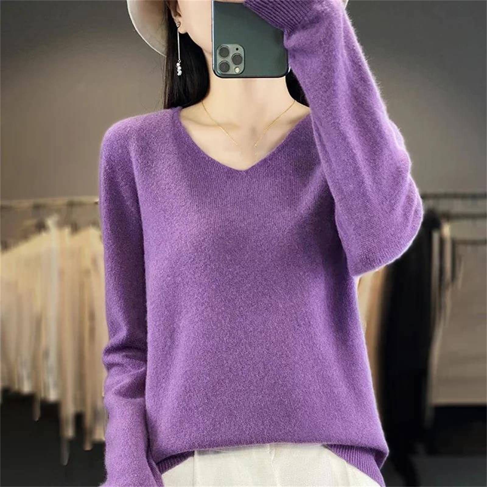 Damski sweter z wełny merynosów, dekolt w serek, sweter z długim rękawem, miękki dzianinowy top