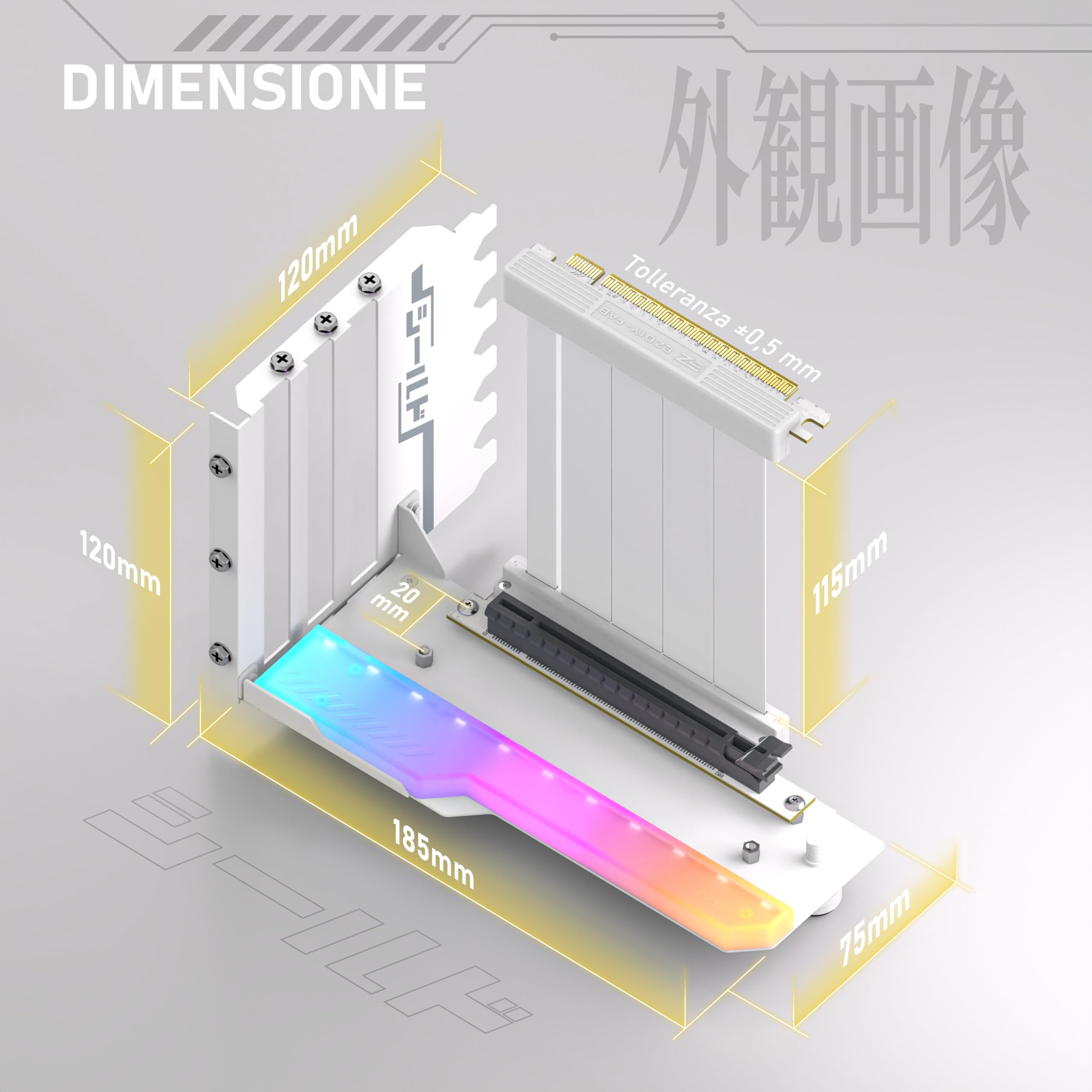 EZDIY-FAB Supporto Verticale GPU con Cavo Riser PCIE 4.0,Modulo ARGB,Estensione Flessibile 115mm/4.52in,Connettore a 90 Gradi, Compatibile Solo con Slot PCIe Completamente Aperti-Bianco-YIHPI344-3