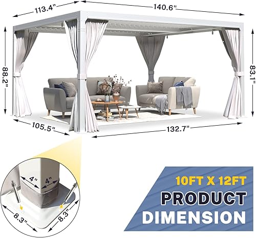 Miniatura 6 de MELLCOM Pérgola con listones de 10 x 12 pulgadas, pérgola de aluminio para exteriores con techo con listones ajustables, cortinas impermeables