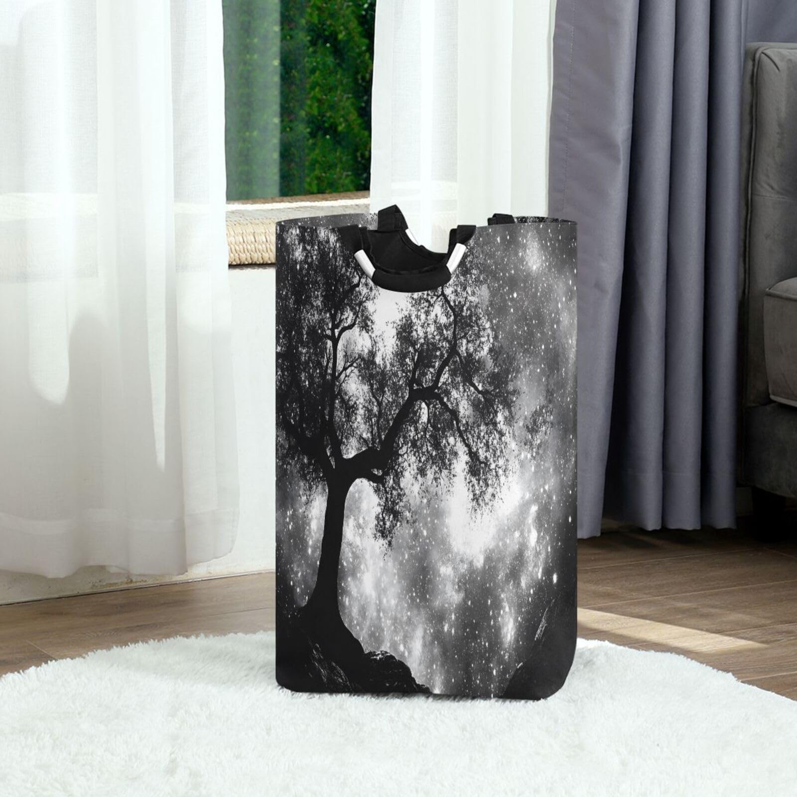 Jihqo Laundry Hamper Basket Forest Black Galaxy Collapsible Nursery Storage Bin Waterproof Clothing Baskets for Home Bedroom Bathroom Washing Room