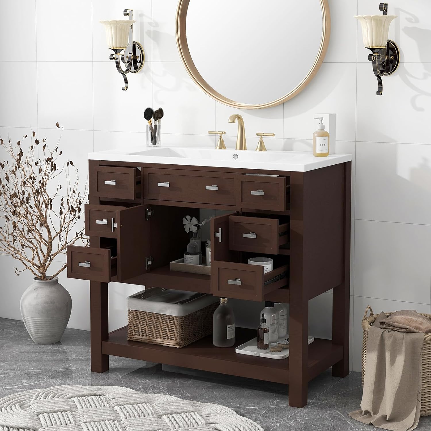 36" Modern Bathroom Vanity Sink Combo, Freestanding Bathroom Storage Cabinet with White Ceramic Countertop Sink Bathroom Vanity Set with 2 Soft Closing Doors and 6 Drawers for Apartment Dorm, Brown
