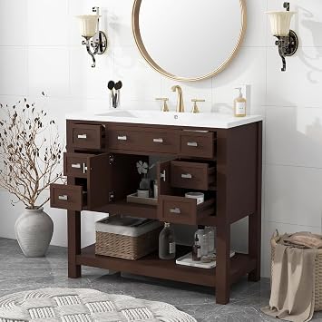 36" Modern Bathroom Vanity Sink Combo, Freestanding Bathroom Storage Cabinet with White Ceramic Countertop Sink Bathroom Vanity Set with 2 Soft Closing Doors and 6 Drawers for Apartment Dorm, Brown