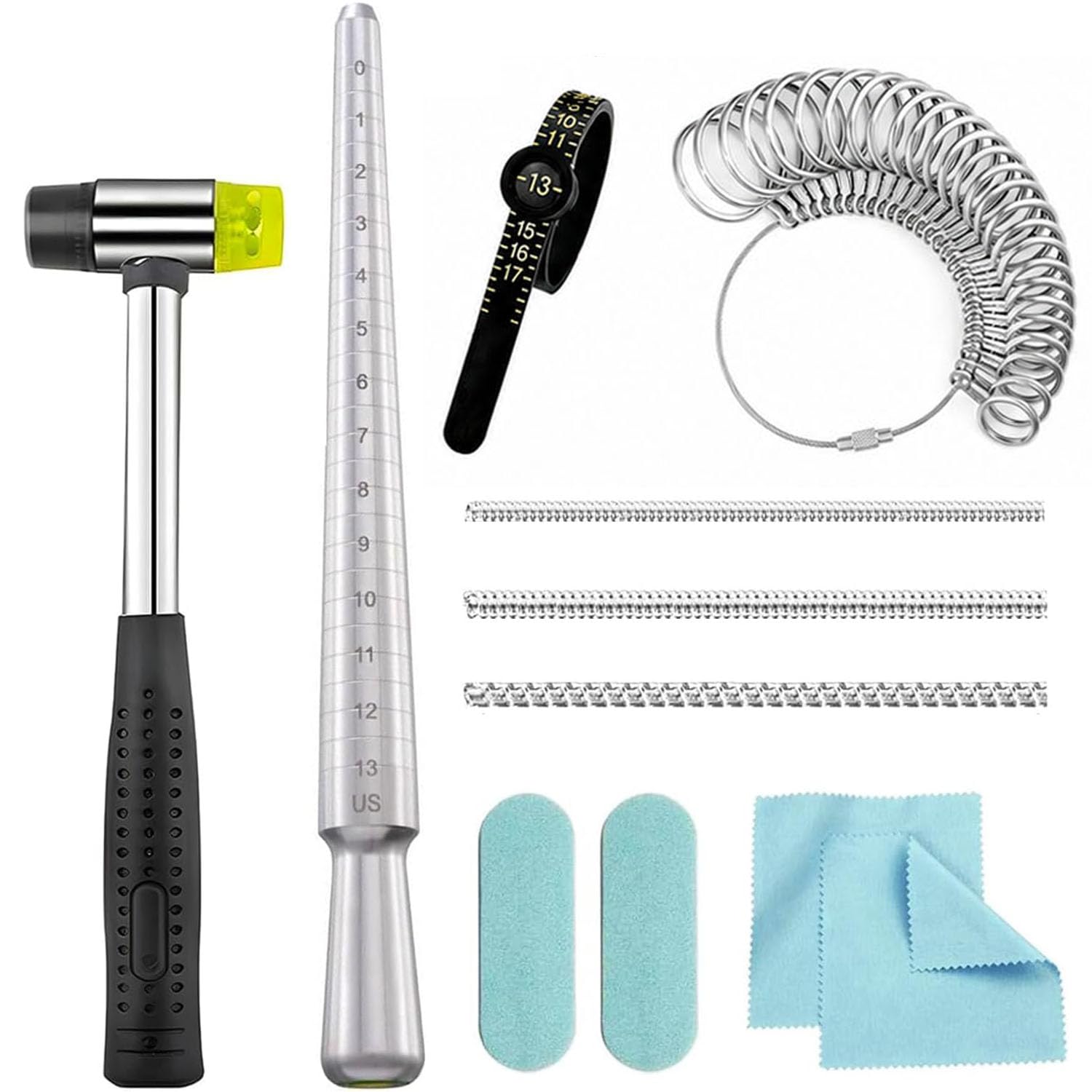 Ring Mandrel Sizer Kit, Ring Making and Repair Tools with Ring Sizer, Jewelry Hammer, Jump Rings, Chains and Polishing Cloth for Jewelry Making and Ring Sizing (11-Ring Size Shaper Tool)