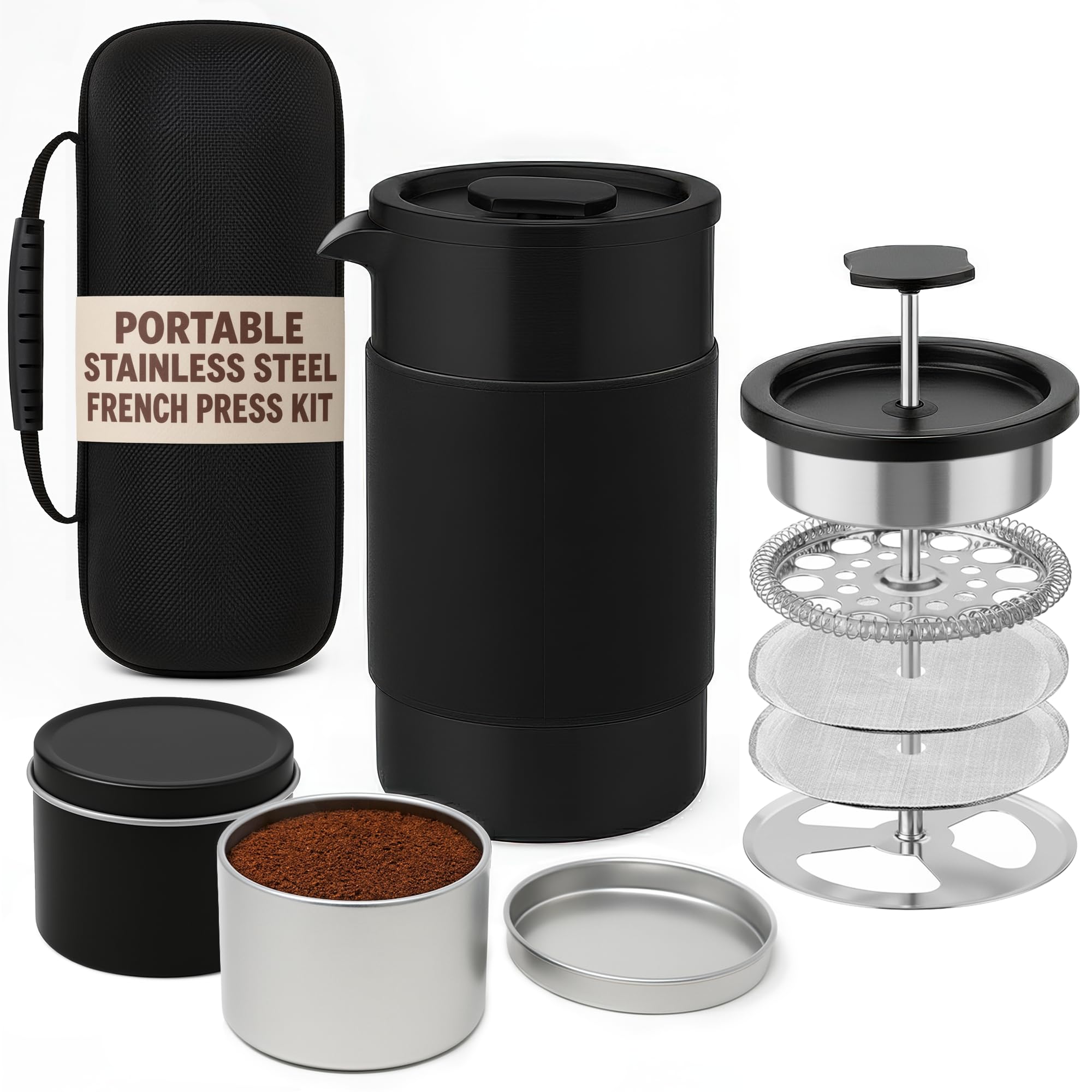 Travel French Press Coffee Maker Set 12 oz with hard shell case and canisters