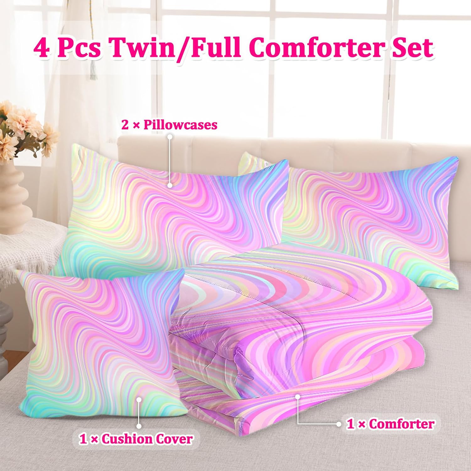 4 Pcs Twin Comforter Set, Colorful Gradient Girls Bedding Sets, Pink Tie Dye Rainbow Comforter Set