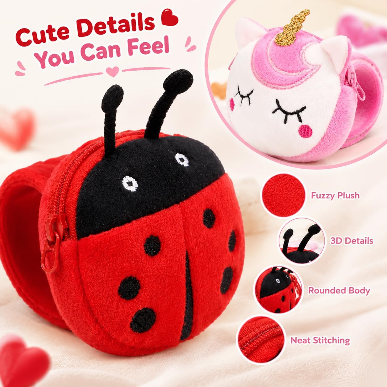 jarbins 2 Pcs Plush Ladybug Slap Bracelets for Kids, Cute Animal Wristband Huggers, Soft Stuffed Bug Toy Party Favors, Goodie Bag Fillers, Classroom Rewards & Birthday Gifts for Boys Girls