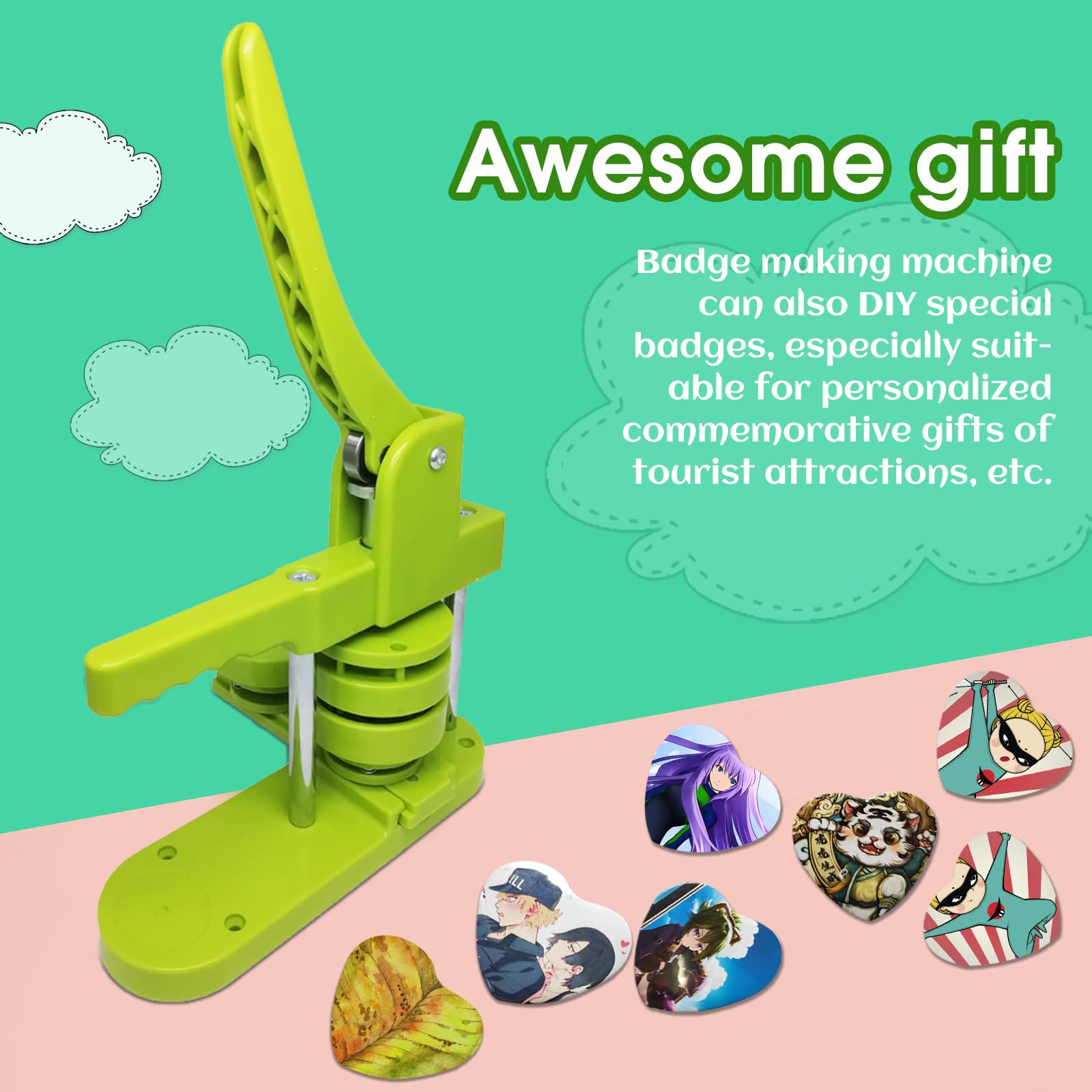 Machine à boutons en forme de cœur pour la fabrication d'insignes en forme de cœur avec 100 pièces de boutons, 1 pochoir et 2 outils de tournevis pour le dessin artistique à la main (vert)