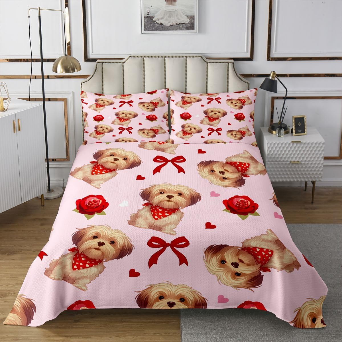 Castle Fairy Valentine's Day Bedspread Queen Size,Pink Red Bowknot Quilt Sets 3Pcs for Kids Teens Youth Room Decor,Chocolate Cherry Cake Bedding Sets Couple Lovers Down Comforter,2 Pillowcases