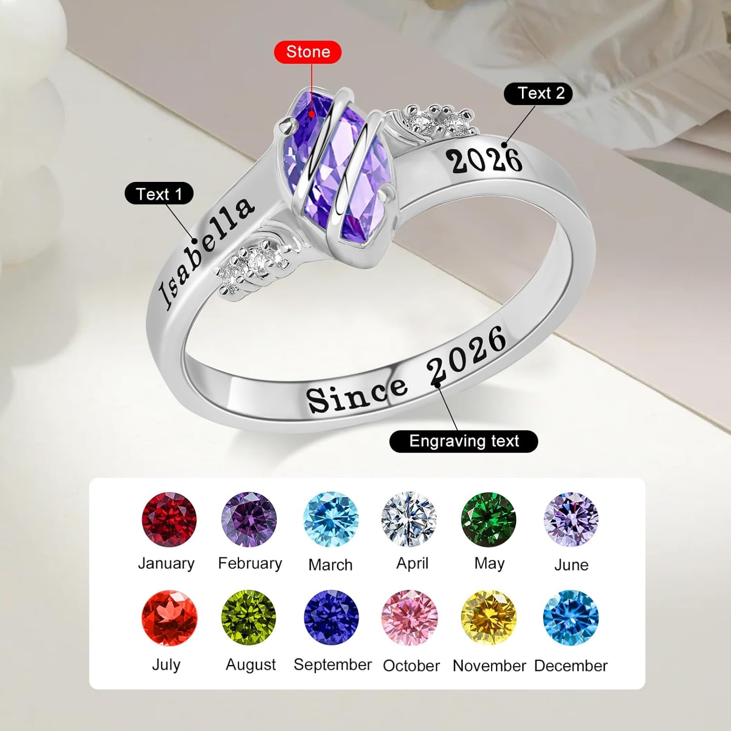 BABOOM Custom Class Rings for Women High School College Personalized Graduation Ring 2026 Customizable Birthstone Ring with Class Name Graduation Memorial Rings Gifts for Her