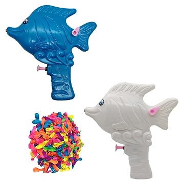 Brown Leaf Small Mono Fish Holi Pichkari Water Tank Water Gun Pichkari Toy for Kids Holi & Pool Party Fun (2 Pichkari 100 Water Balloon)