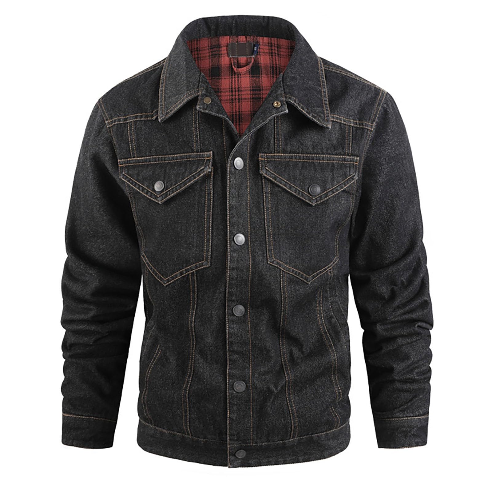 Chaqueta vaquera para hombre, forrada de franela, vintage, chaqueta de entretiempo lavada, chaqueta de franela desgastada, cuello alto, chaqueta de otoño, chaqueta de otoño con botón de