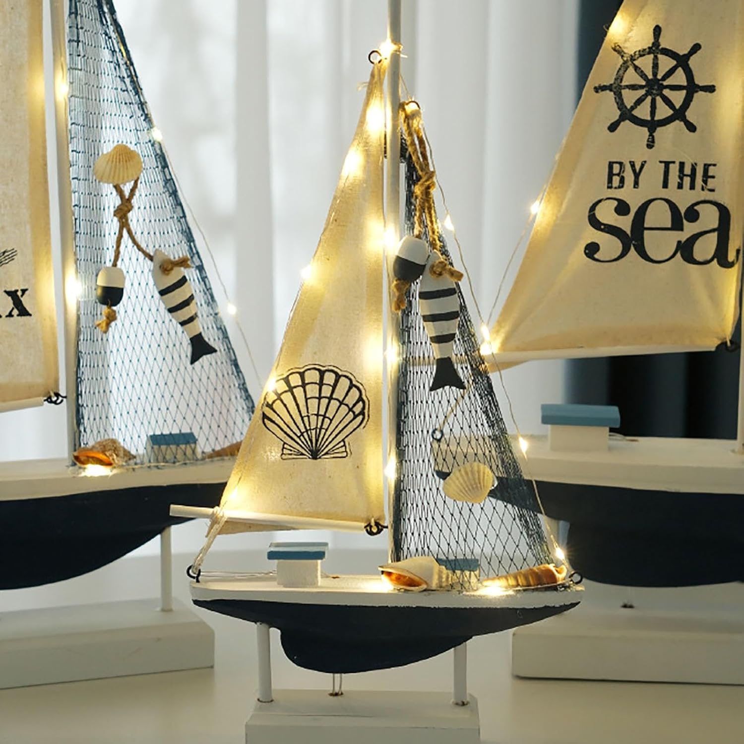 Wood Sailboat with LED Lights Nautical Shell Wood Sailing Ship Figurine Decor Tabletop Figurine Nautical Decoration Ocean Marine Artistic Home Decor Without Battery