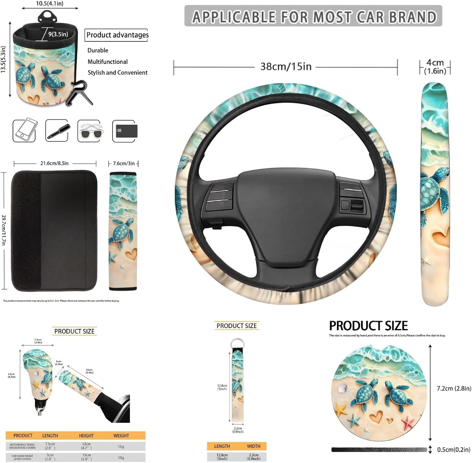 10 Pcs Turtle Car Interior Accessories for Summer Beach Women Steering Wheel Cover with Air Vent Storage,Handbrake and Shift Covers,Seat Belt Pads,Cup Mats Gift for Holiday