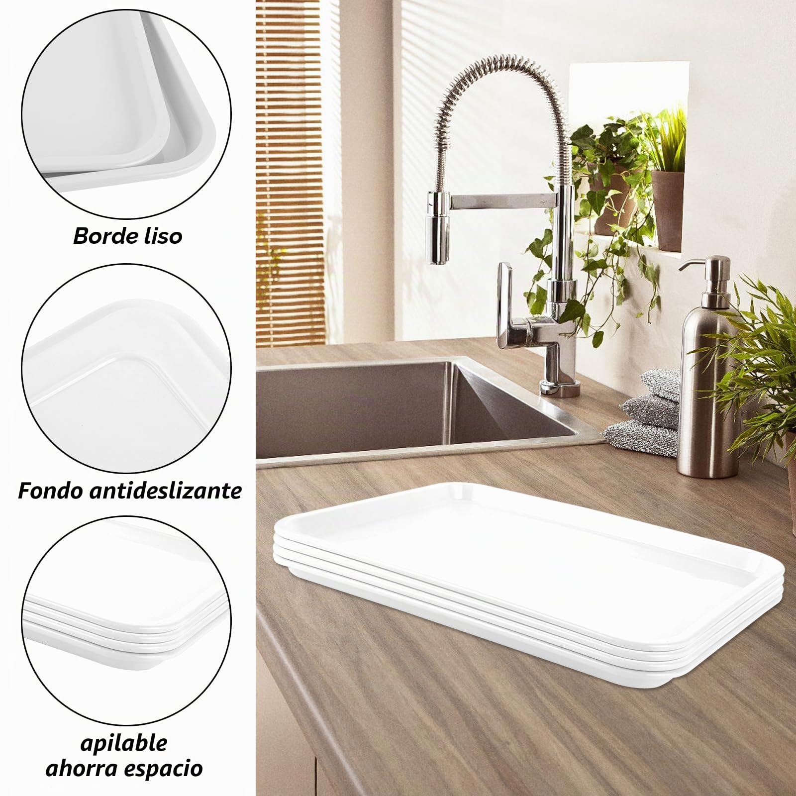 6 bandejas blancas, de plástico, 33 x 25 cm, platos rectangulares, para fiestas, de plástico sin BPA, para verduras, frutas, postres, accesorios para buffet