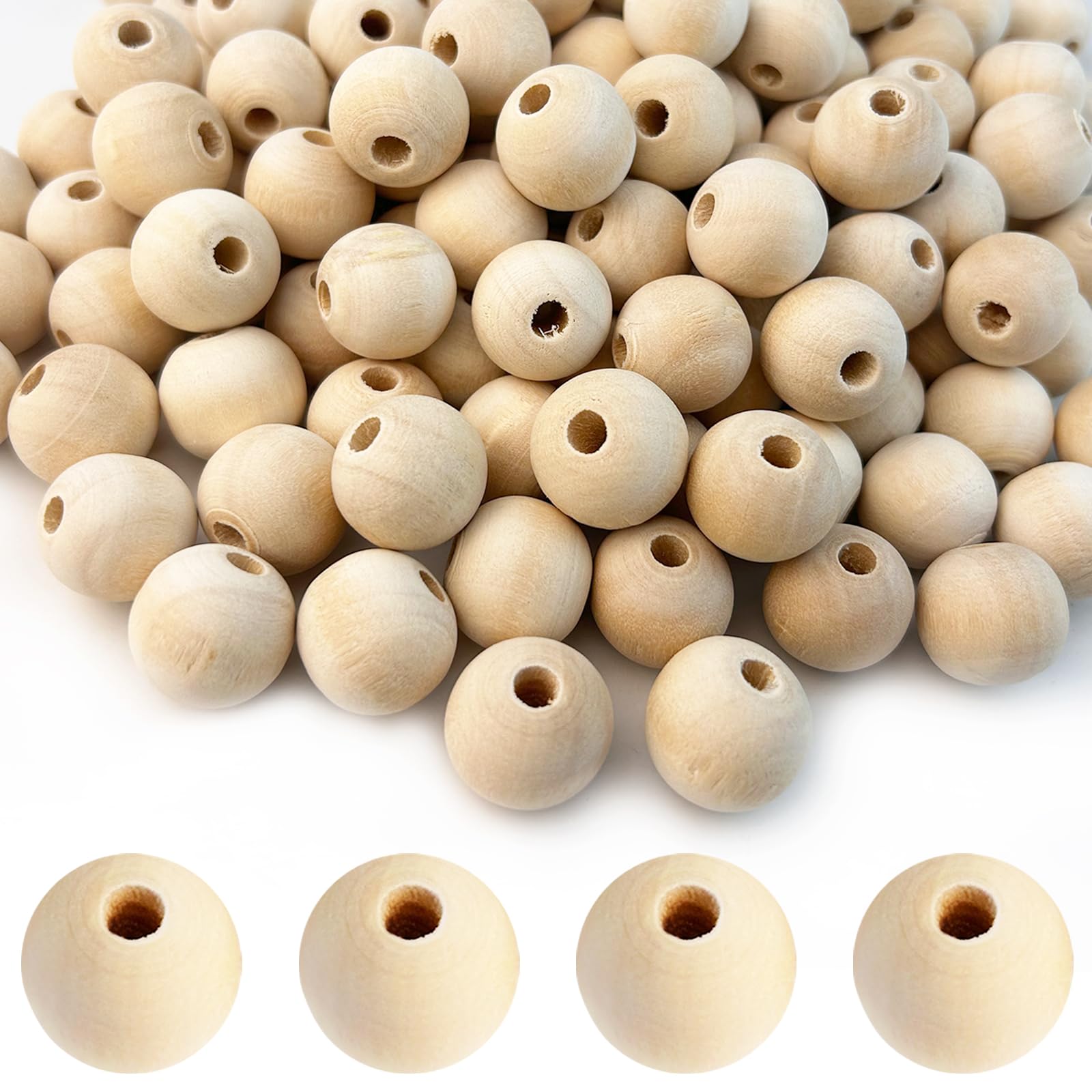 Xishoyen 150 stuks houten kralen, 20 mm, met gat, ronde houten kralen om te rijgen, onbehandelde houten kralen met gat, houten kralen voor doe-het-zelf handwerk, macramé, knutselen, sieraden maken