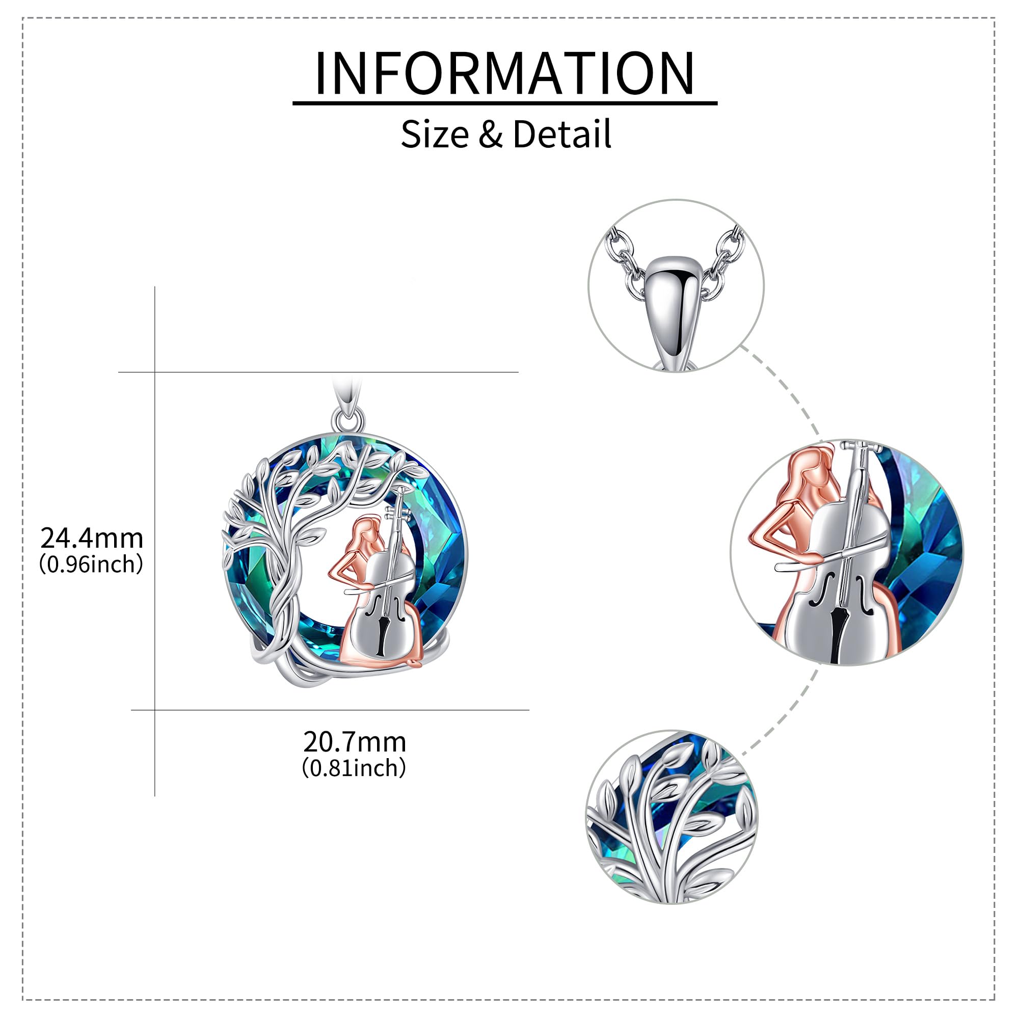 DAYLINLOVE Collar de violonchelo de plata de ley 925 con diseño de árboles de la vida, joyería de cristal de violonchelo, regalos de graduación para mujeres amantes del violonchelo, Plata esterlina