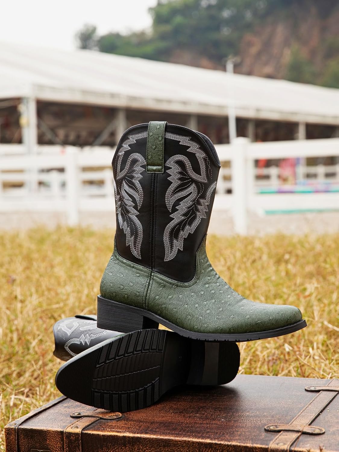 Men's Western Cowboy Boots, Ostrich Embossed Synthetic Leather, Embroidered Pull On, Slip Resistant, Multiple Colors