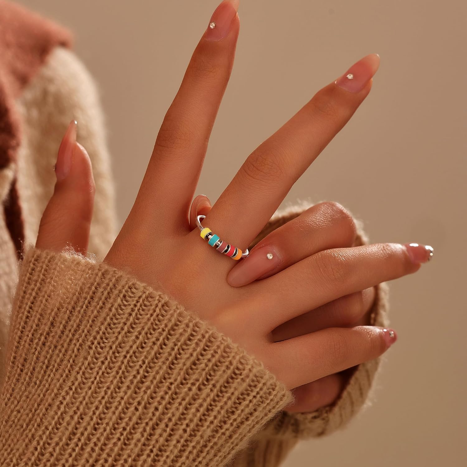 LOVECOM 925 Sterling Silver Fidget Anxiety Ring With Colorful Enamel Beads for Women Stress Relief Spinner Ring Anti Anxiety Rotate Stacking Funny Ring Jewelry Birthday Gifts for Mom Daughter
