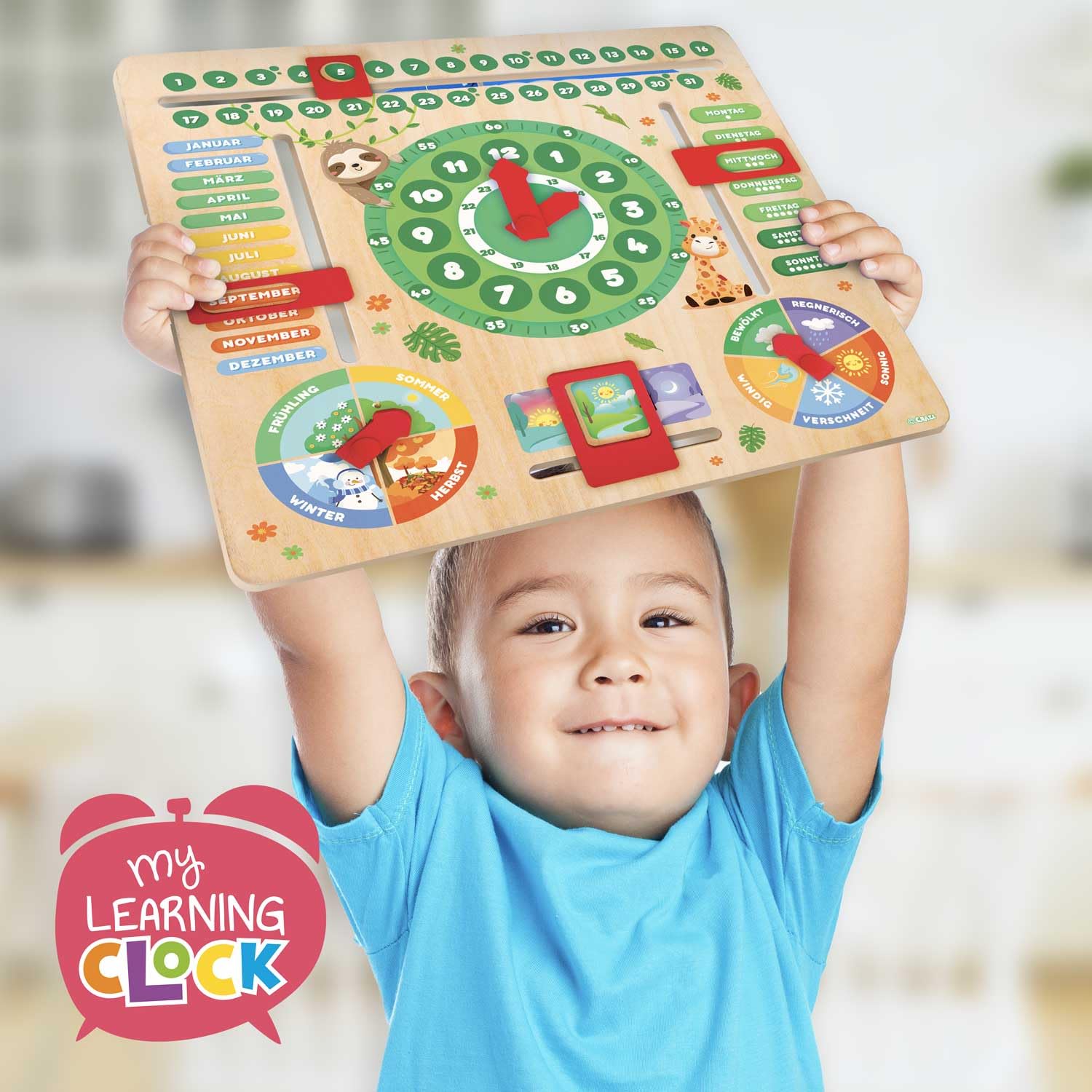 Craze My Learning Clock Animals - Orologio educativo per Bambini in Legno, Calendario per l'apprendimento dei Bambini, da Parete, Colore: Verde