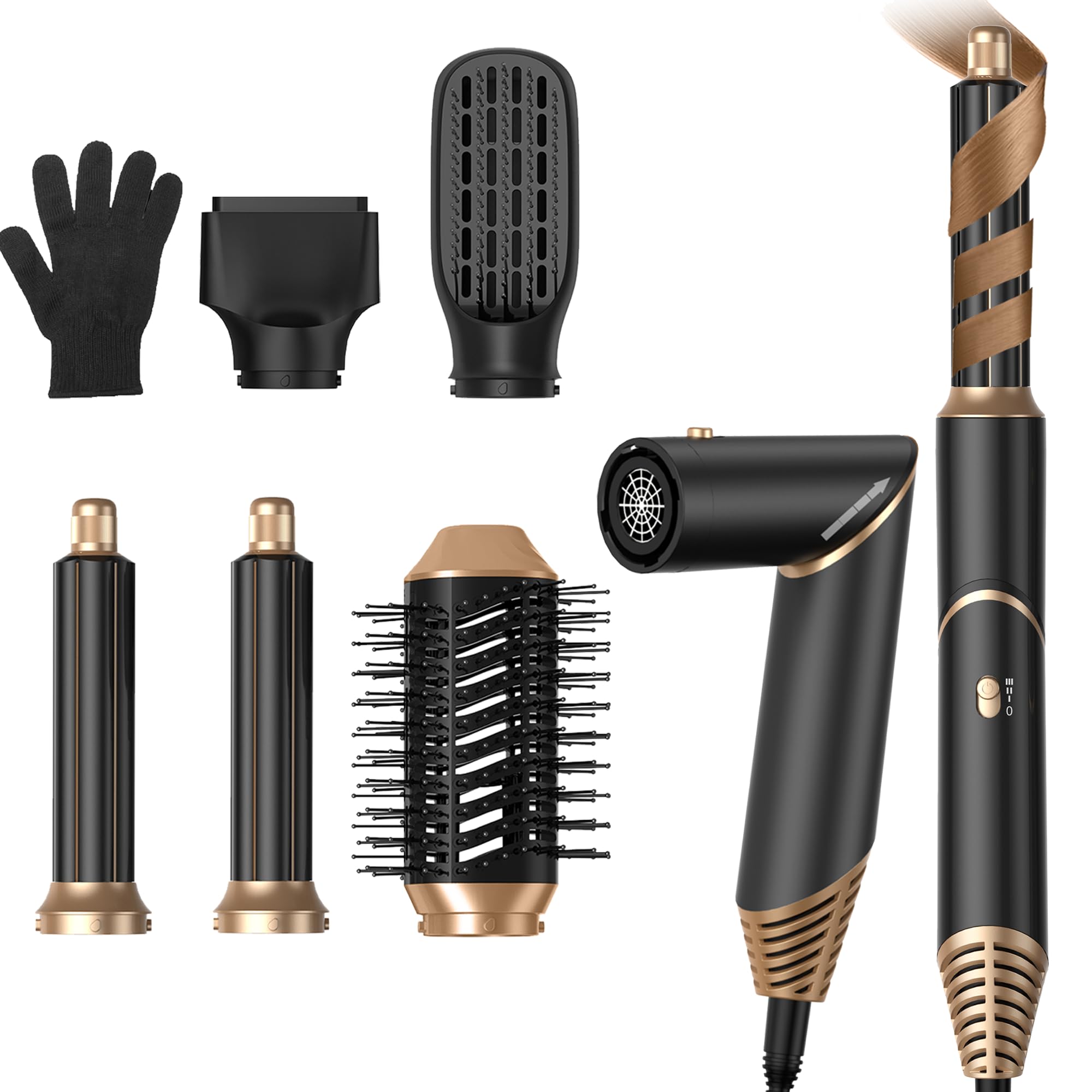 UKLISS Spazzola Asciugacapelli & Air Styler 5 in 1, Spazzola Ad Aria Calda 1000W Asciugatura Rapida Airstyler per Capelli Ricci, Volumizzante, Lisciante, Regali per Donne (Oro Nero)