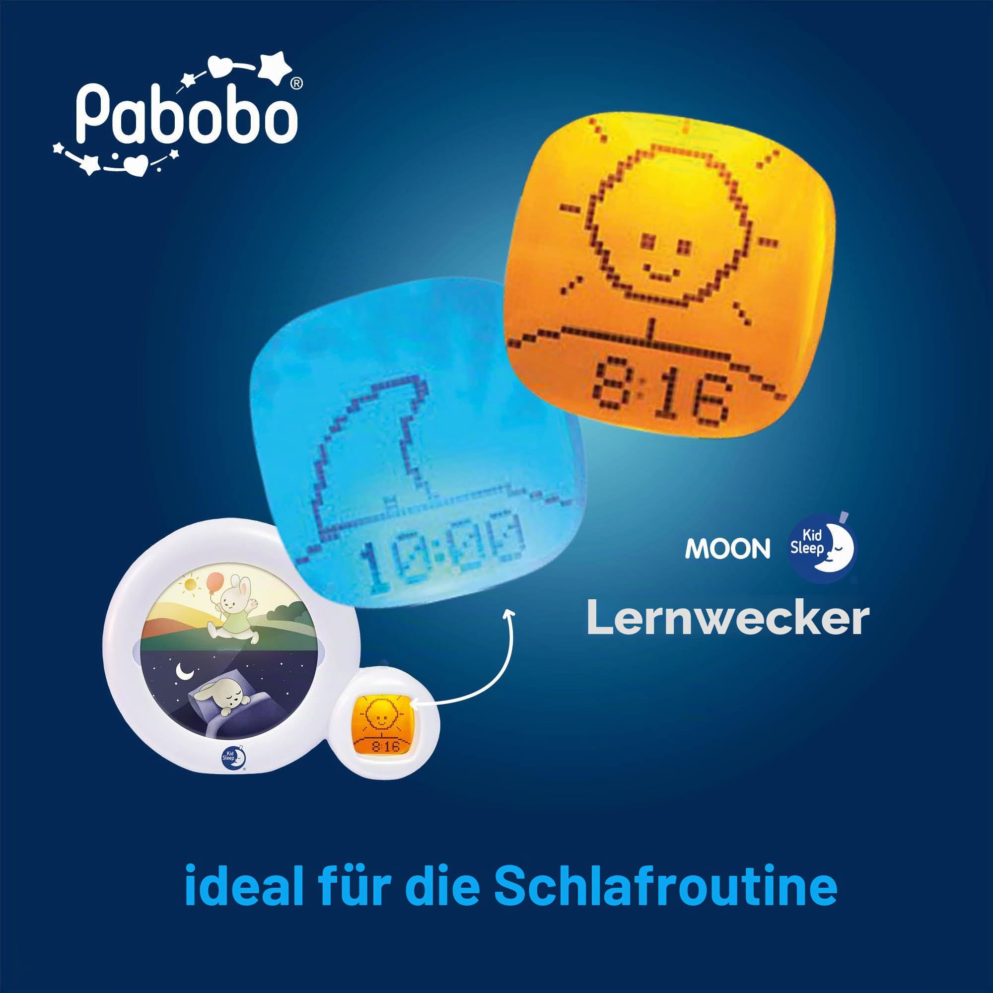 Pabobo Kid Sleep - Mond 3 in 1 (Nachtlicht, Anzeige & Wecker) - Kinder pädagogische musikalische Wecker - Tag / Nachtlicht - weiß