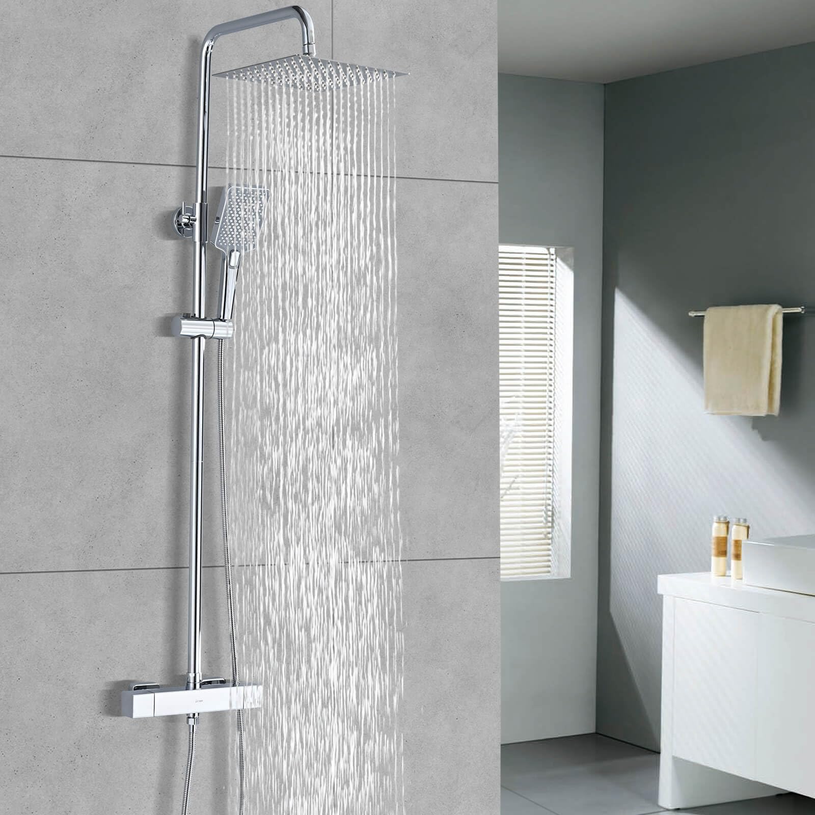 Columna Ducha Termostática, DETBOM Set de Ducha Cuadrado Acero Inox, Cabezal de Ducha de Lluvia, Barra Ducha de Altura Ajustable, Cromada