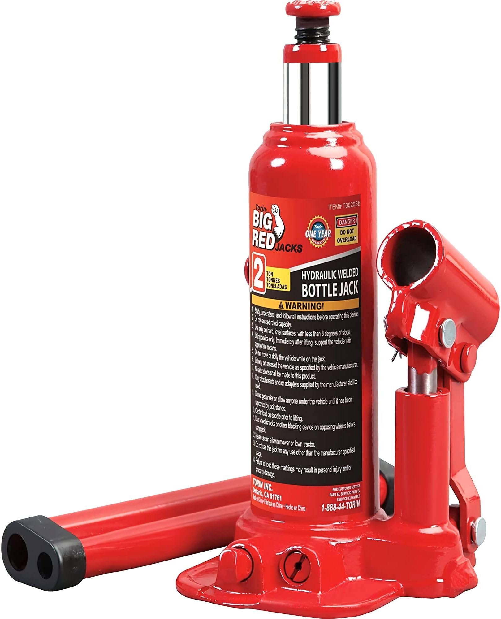 T90203B-1 Torin Hydraulic Welded Bottle Jack, 2 Ton (4,000 lb.) Capacity, Red