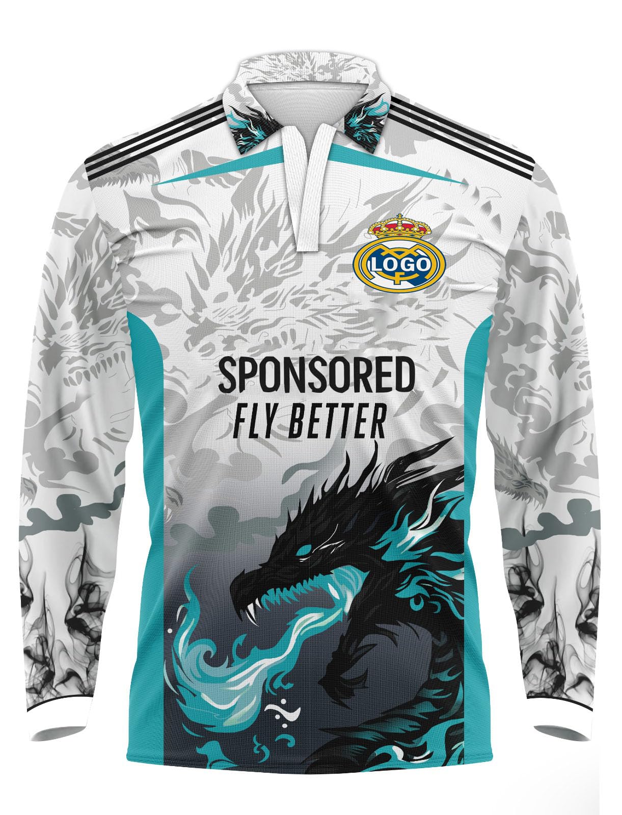 Real Madrd New Season Football Full Sleeves White and Blue Dragon Print Jersey.