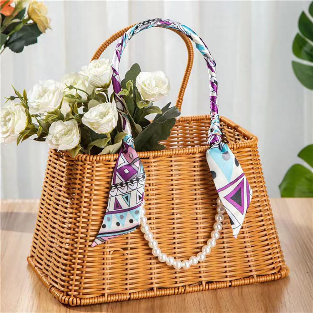 RT&BS Rattan-Stil gewebter Korb - Eleganter handgewebter Blumenkorb, Osterkörbe mit Griff, Geschenkkörbe für Heimdekoration, Hochzeit, Picknick, Party (Schal & Perlendekoration)