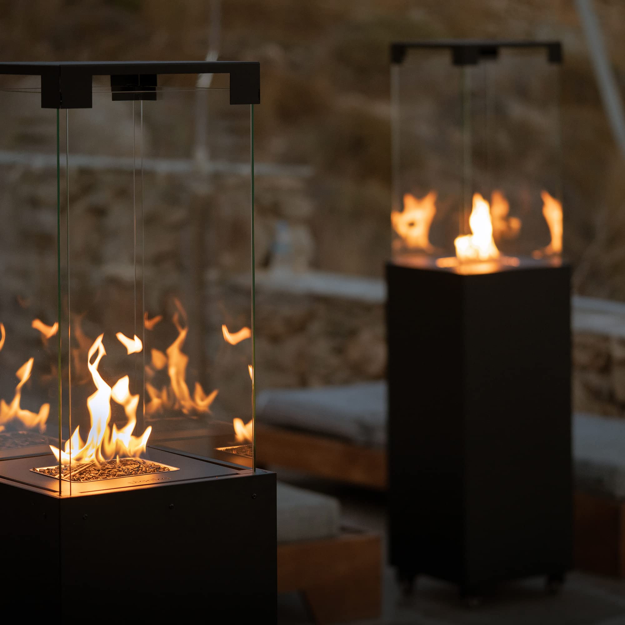 Planika Faro 59" Outdoor Fireplace Black (Fire Column, Glass Shields