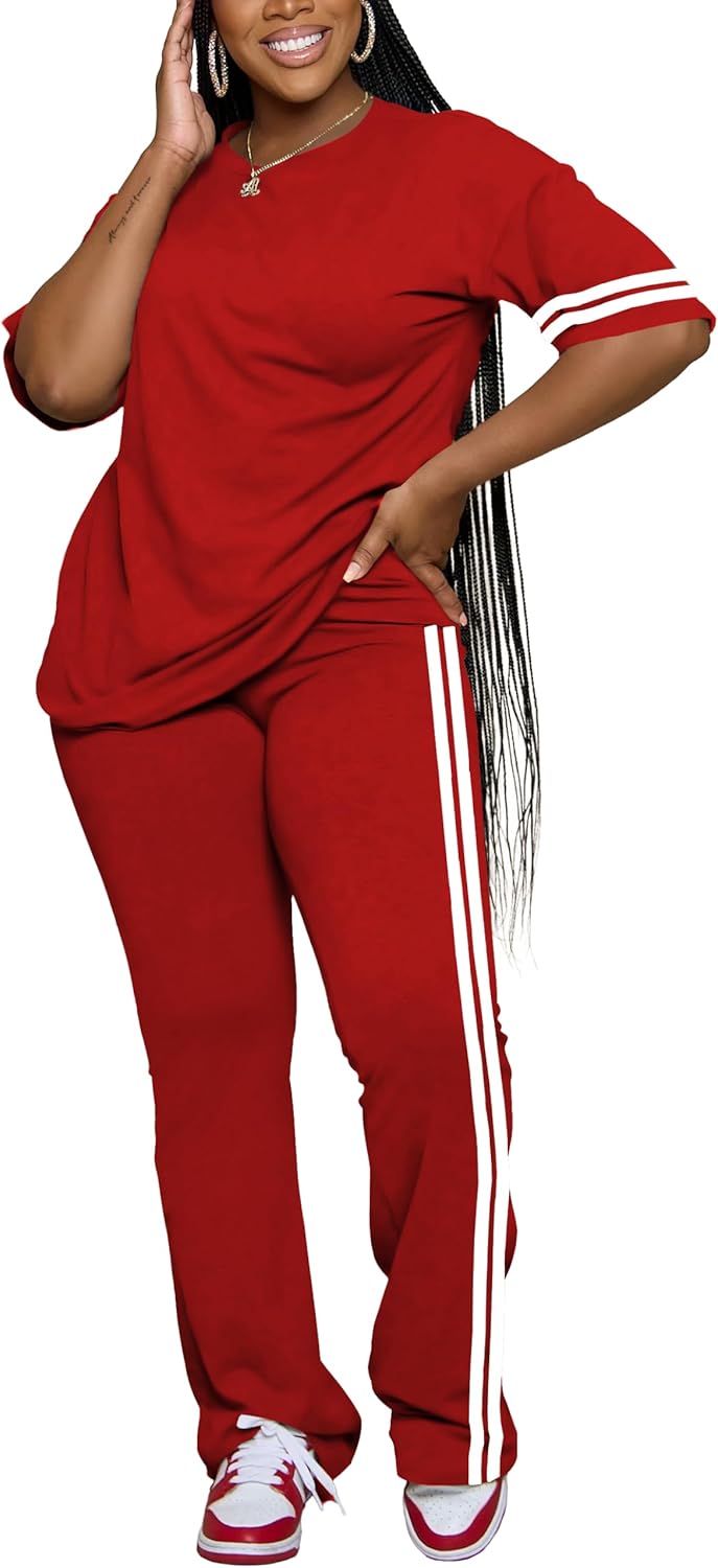 Women's 2 Piece Outfits Crewneck Short Sleeve Tops and Flare Pants Lounge Sets Tracksuit - Image 2