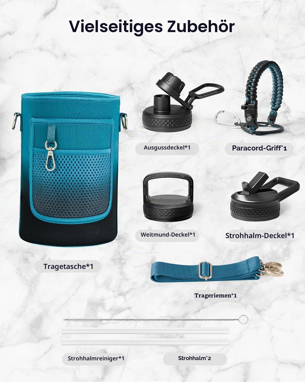 Thermosflasche mit Strohhalm 2L, Trebo Trinkflasche Edelstahl mit Paracord-Griff & 3 Deckeln, Edelstahl Trinkflasche Große Sportflasche Kalt halten 48 Stunden Wasserflasche, Indigo Schwarz