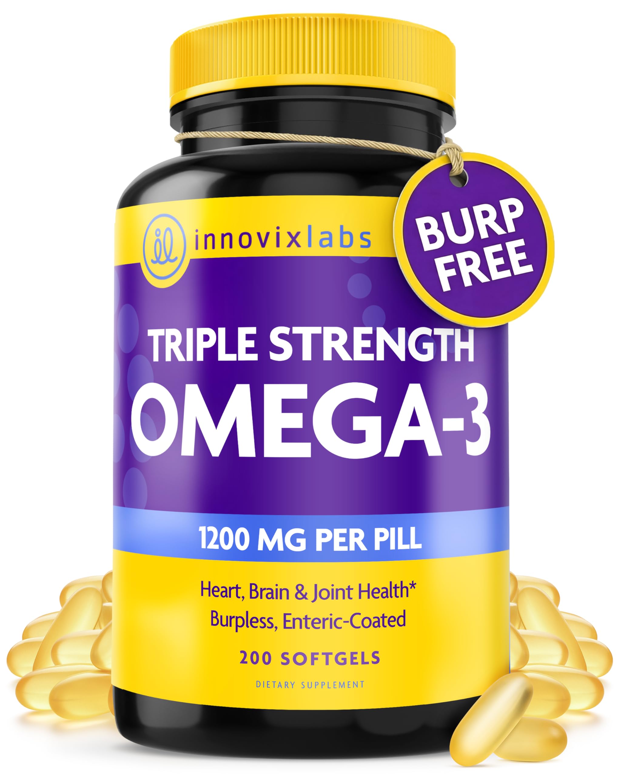 InnovixLabs Triple Strength Omega 3 Supplement, Burpless Fish Oil for Women and Men - 900 mg EPA & DHA, Brain & Joint Support, Award Winning & Third-Party Tested, 200 Softgels
