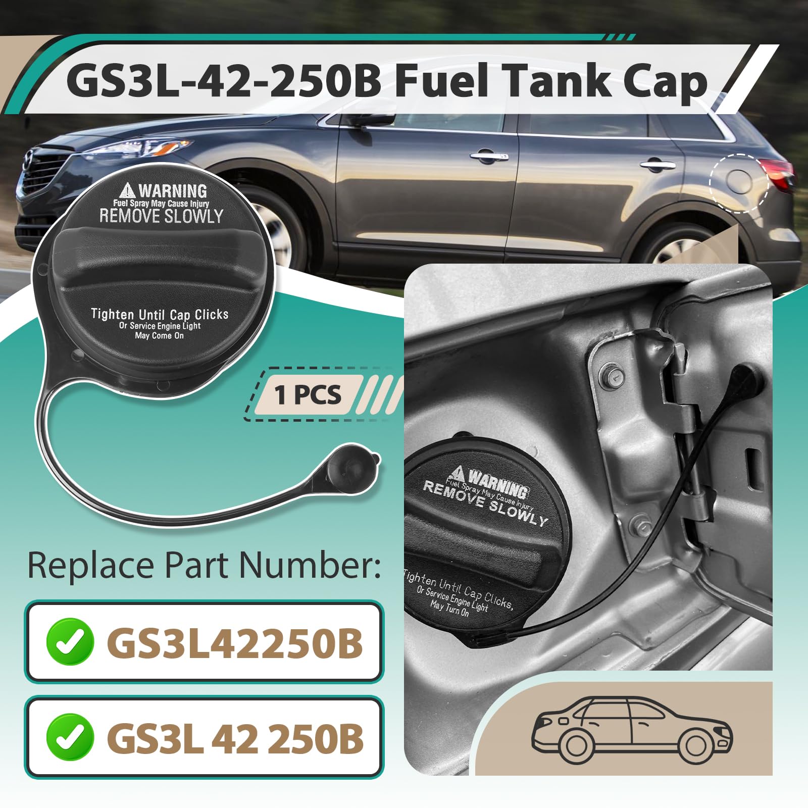Condition photo showing New/Like New for gs3l-42-250b fuel tank cap for mazda 3 (2010-2013), for mazda 6 (2009-2013), cx-7 (2010-2012), cx-9 (2007-2015) - replaces gs3l-42-250b / gs3l42250b fuel gas cap tank filler