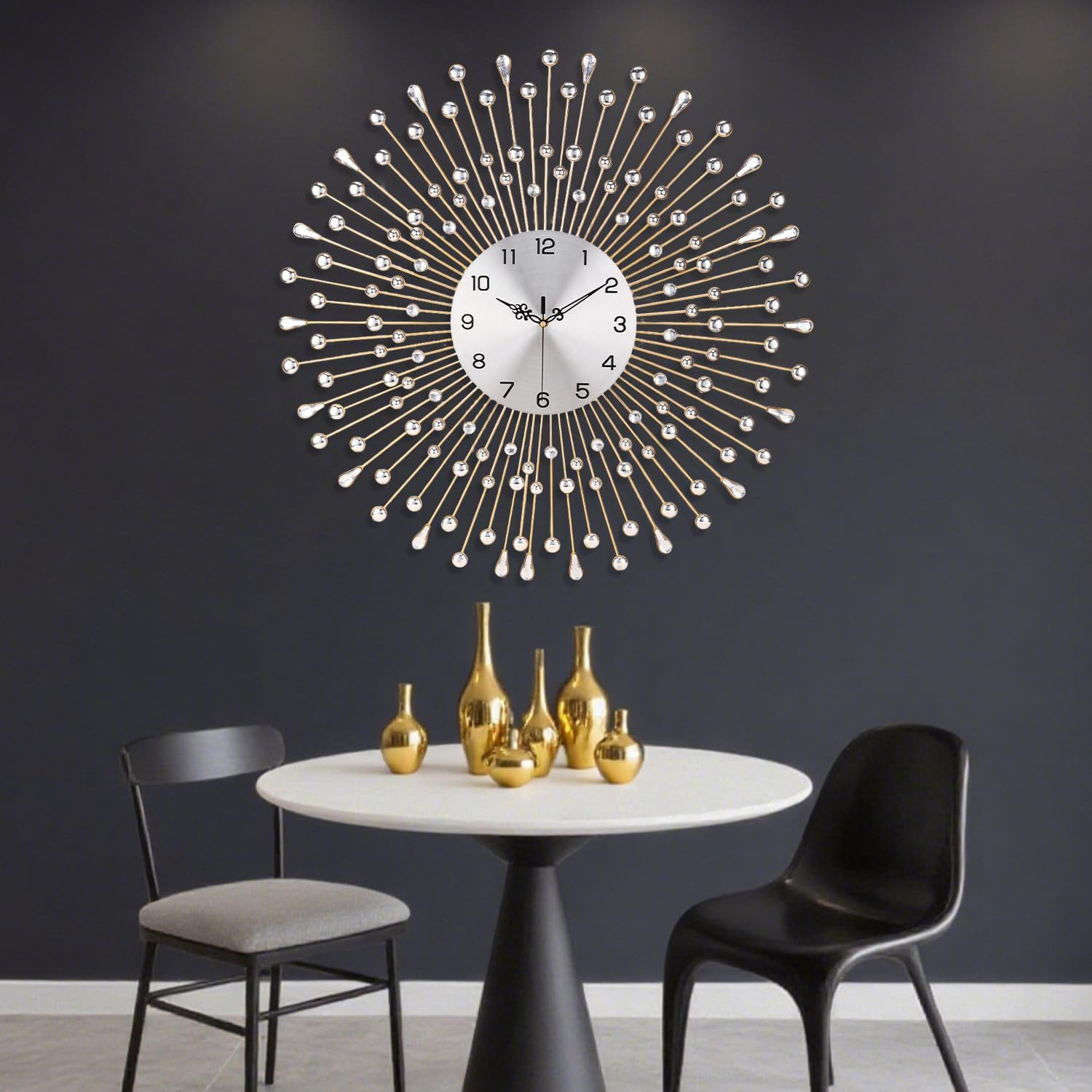 SIN&MI Large Wall Clock Decorative with Dazzling Crystals, Battery Operated Modern Elegance, Metal Wall Clocks for Living Room & Bedroom Decor, Exquisite Kitchen Decoration Clock 20 Inch