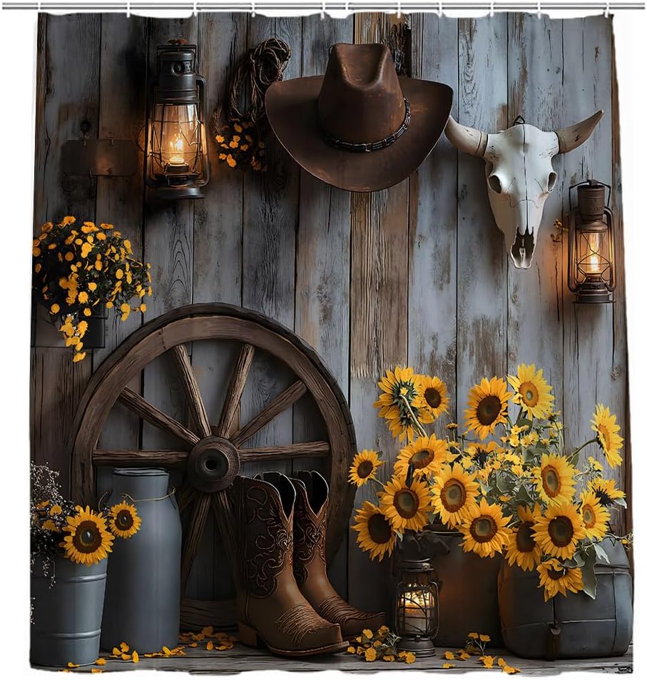 Western Cowboy Shower Curtain Farmhouse Vintage Brown Barn Door Southwest Country Ranch Cowboy Boots Floral Rustic Southwestern Theme Bathroom Decor Curtains 90x70 inch with Hook