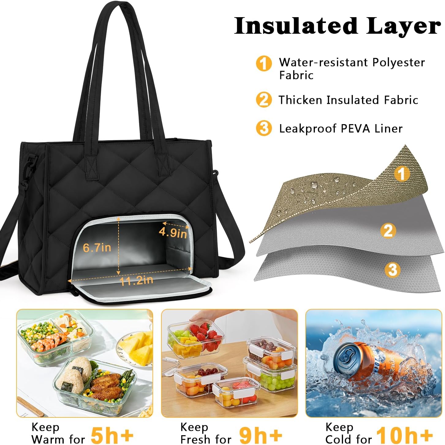 ZOMFELT Lunch Tote Bag for Women, 15.6 Inch Puffer Laptop Lunch Bag, Quilted Large Work Tote Bag with Insulated Lunch Compartment, Womens Lunch Bags for Work, Travel, Nurse, Teacher, Camping, Black - Image 2