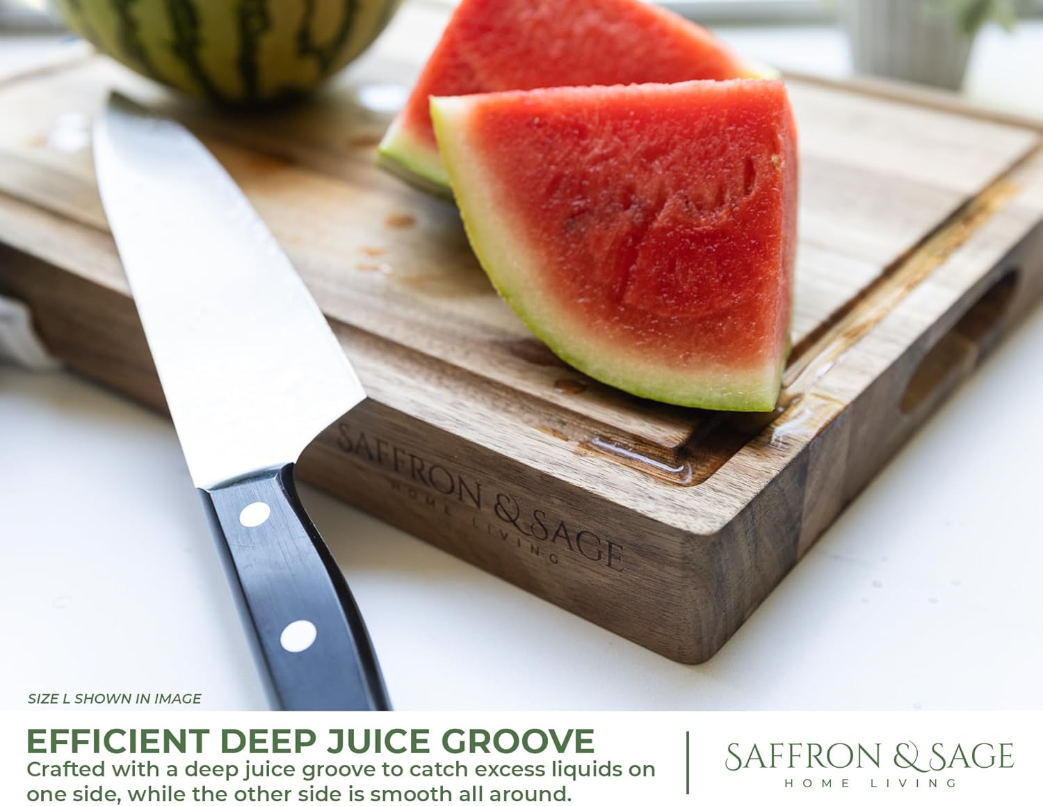 Saffron & Sage Large Wood Cutting Board - Thick 16 x 12 x 1.5 Inch Acacia Wooden Cutting Boards for Kitchen use with Deep Juice Groove, Reversible Chopping Board Doubles as a Big Charcuterie Board