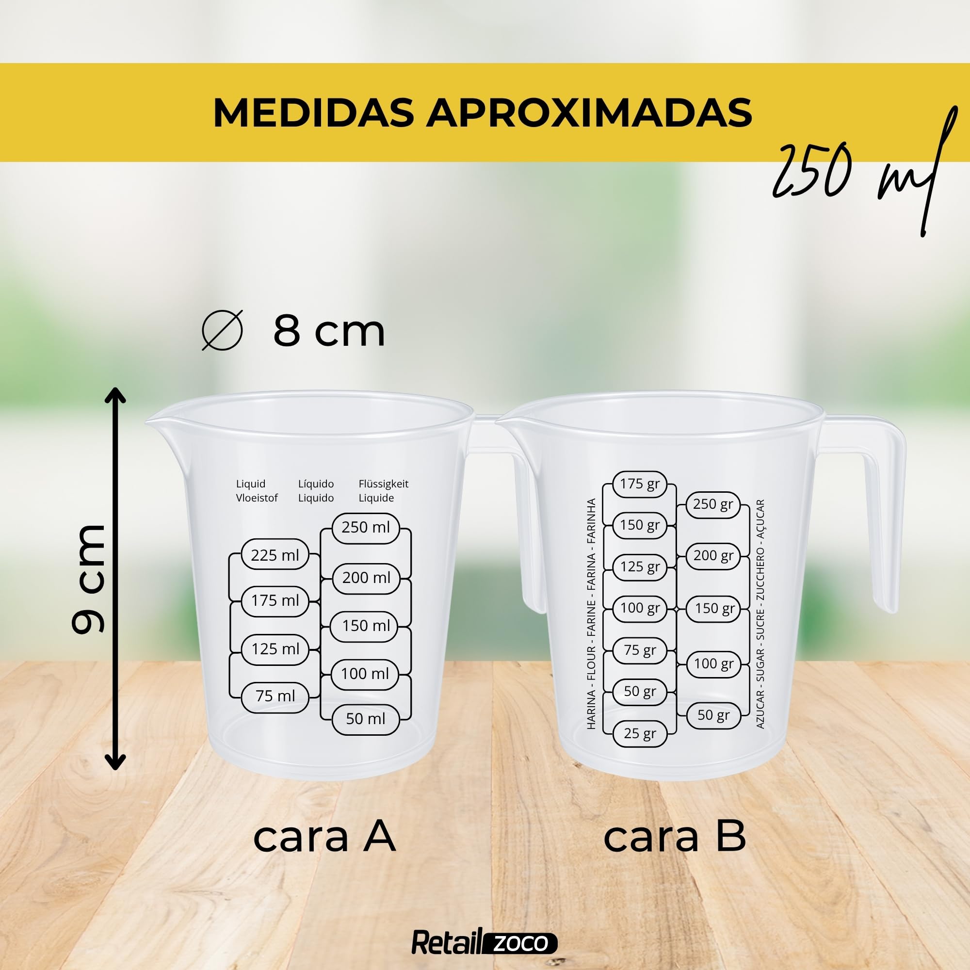 CHEFZOCO Jarra Medidora, Vaso medidor, Recipiente medidor para la cocina, Apto para calentar en microondas, Asa Ergonómica, Uso prolongado y repetido, Graduación dual ml/gr, Plástico, Transparente