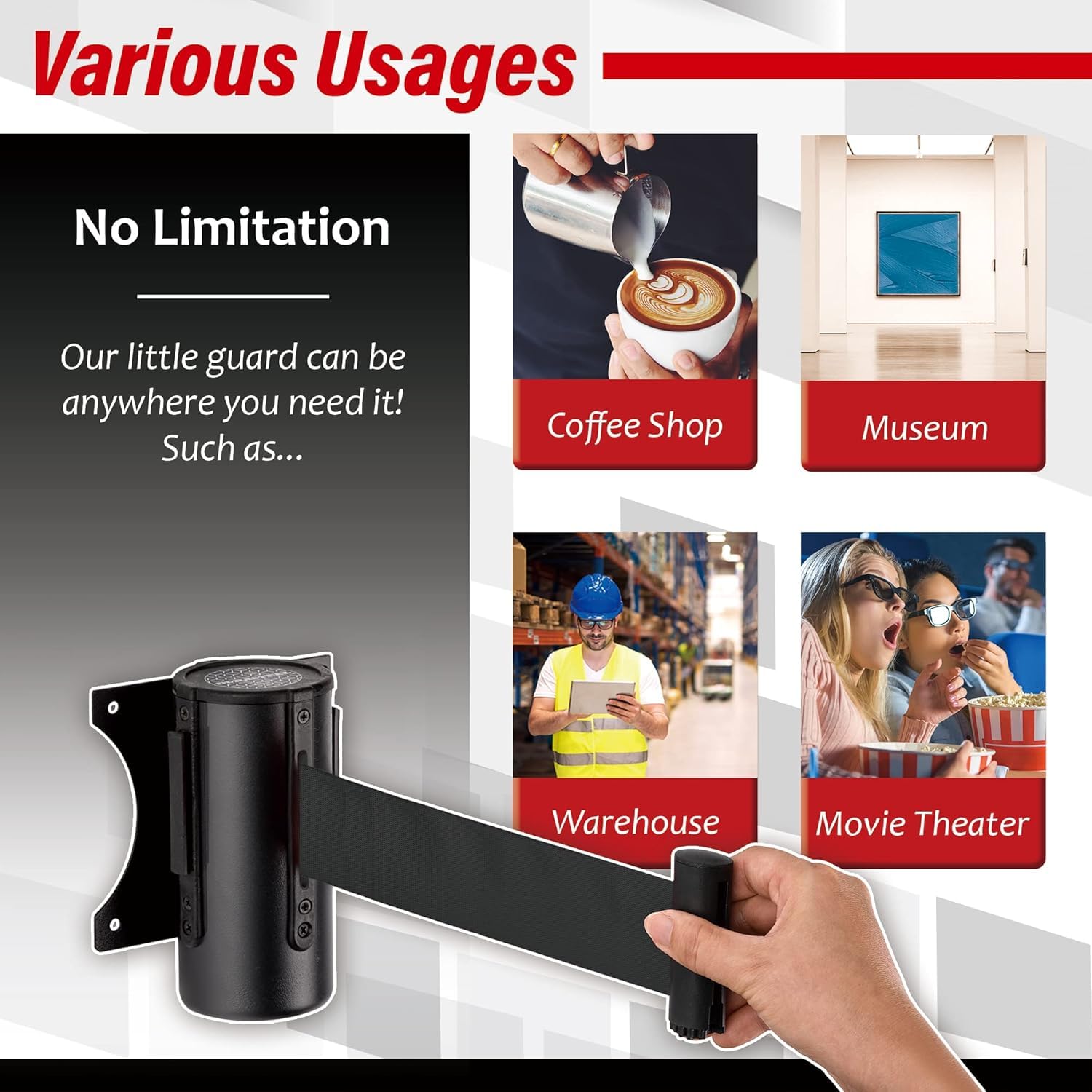 DuraSteel Wall Mount Crowd Control Retractable Belt Barrier - 9.2 Ft Black Retractables Barrier Belt, Crowd Control Barriers Do Not Enter Line Dividers for Crowds NOT Stanchions with Retractable Belts