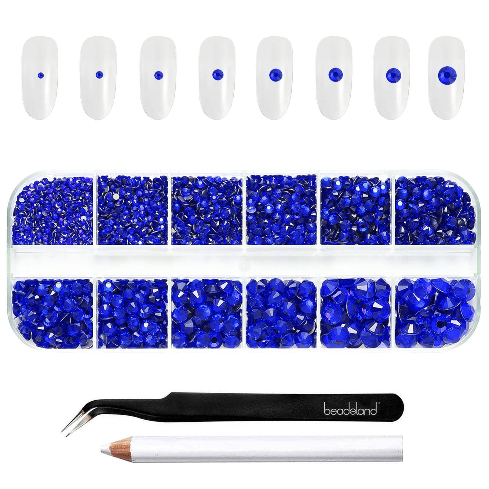 2500pcs Blue Rhinestones,Flatback Gems Round Crystal Rhinestones for Nail Crafts Mixed 8 Sizes SS4~SS30 with Picking Tweezer and Pen (Sapphire)