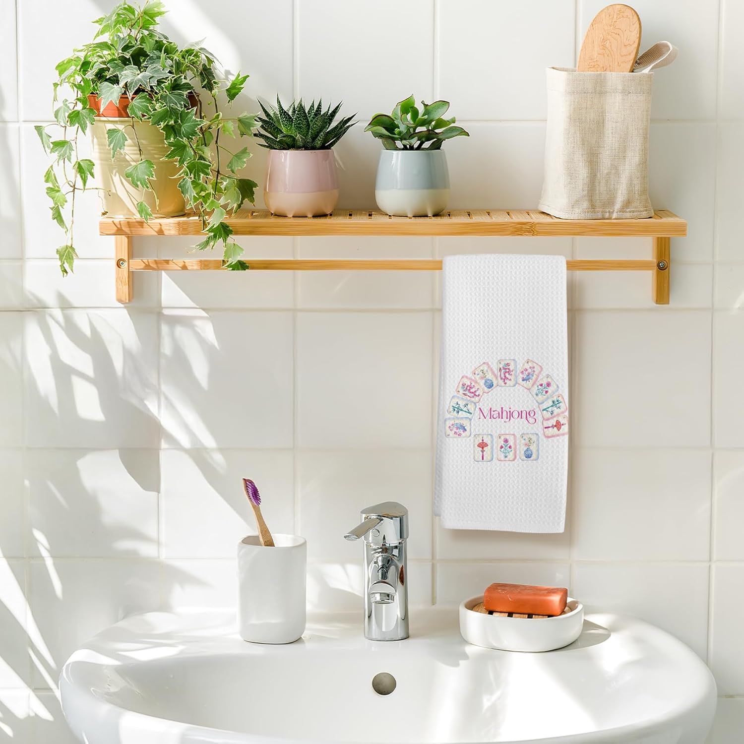 Mahjong Gifts Kitchen Towels, Preppy Trendy Mahjong Decor Hand Towel, Mah Jong Accessories Decorative Tea Dish Towels for Kitchen, Gifts for Mah Jong Lovers Bathroom Decor, 16x24in - Image 5