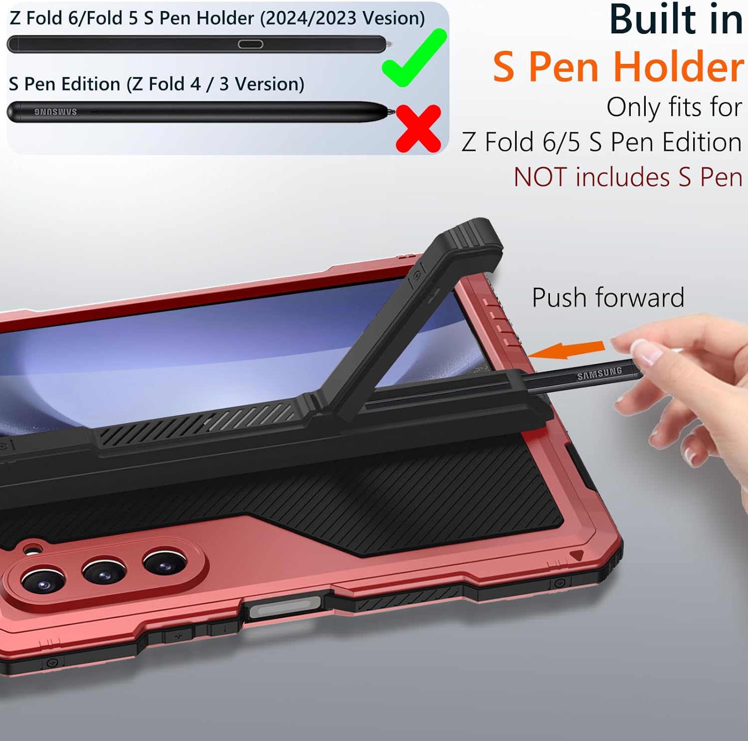 for Samsung Galaxy Z Fold 5 Metal Case with Fold5 S Pen Holder, Rugged Heavy Duty Z Fold 5 Case Screen Protector Kickstand Full-Body Protection Z Fold 5 5g Phone Case Red