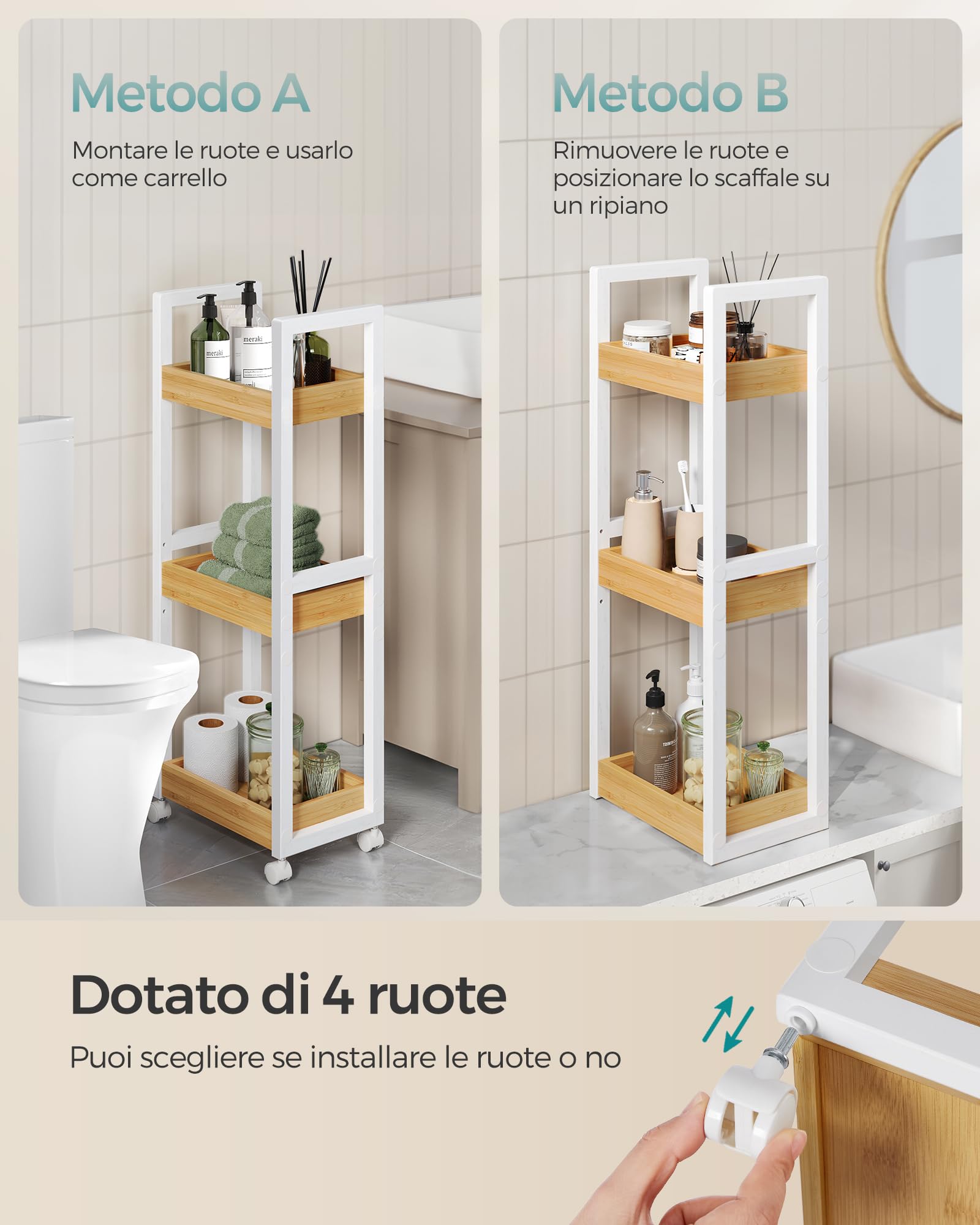 SONGMICS Carrellino Salvaspazio, Carrello Bagno, Mobiletto Bagno Stretto a 3 Ripiani con Ruote, Bambù, 20 x 30 x 80 cm, Bianco e Naturale BCB083N02