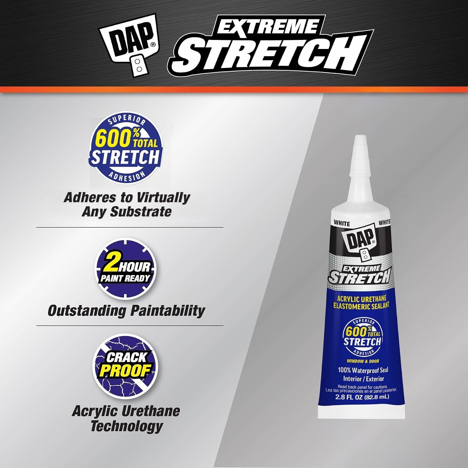 DAP Extreme Stretch Acrylic Urethane Premium Elastomeric Sealant, White, 2.8 oz (7079800958)